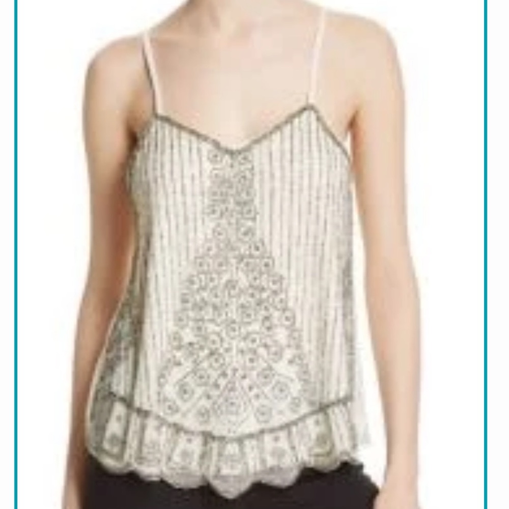 Bohemian Beaded Sheer Cami Top Cream Ivory Silver Embellished Size S/M